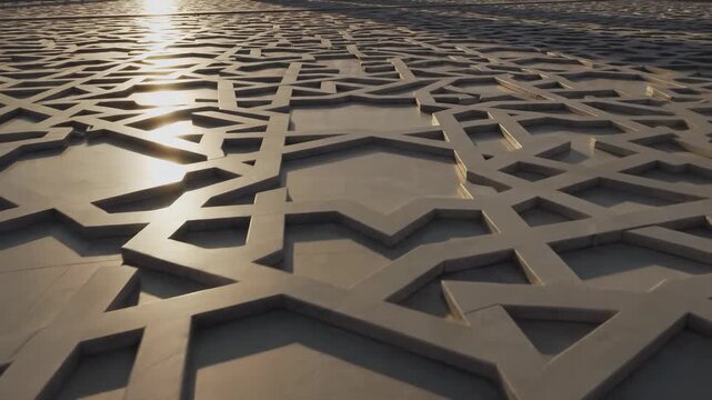 Sunlight Reflects On Intricate Geometric Architectural Facade Pattern In Warm Golden Hour Light