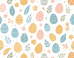 Cute Easter seamless pattern with pastel colored eggs, leaves, and flowers, perfect for spring decorations and celebrations