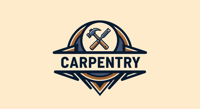 A vintage-style logo featuring crossed carpentry tools, a hammer and chisel, above the word "CARPENTRY" on a light beige background.