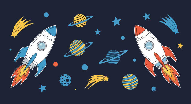 Cartoon rocket ships flying through starry space with planets and comets