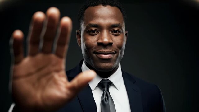 Confident Black Businessman in Suit Gesturing Stop Sign with Hand.