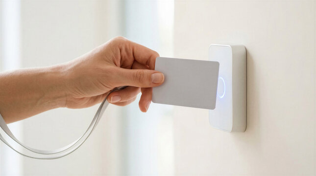 Employee scanning ID badge on wall reader with hand in focus  
