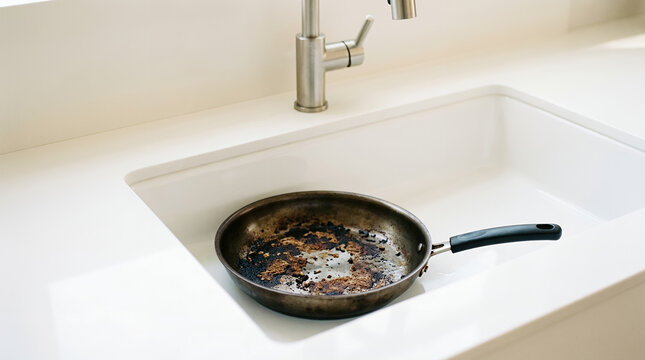 Burnt pan in sink on white countertop with faucet nearby  