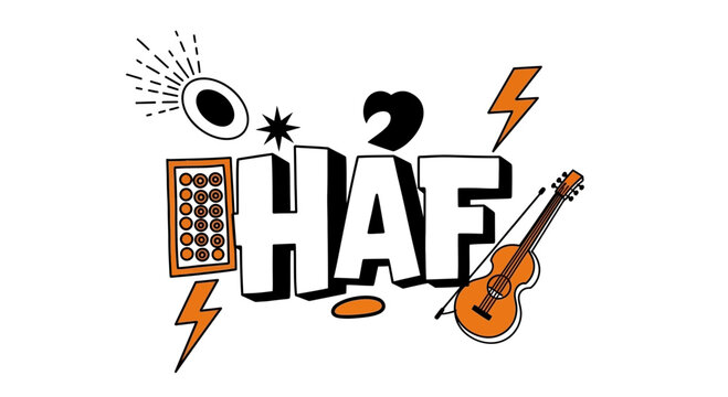 Playful Doodle Art: "HAF" Text, Guitar, Abacus, Sunburst, Lightning Bolts