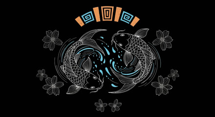Fototapeta premium Yin Yang Koi Fish Symbol with Cherry Blossoms and Tribal Pattern