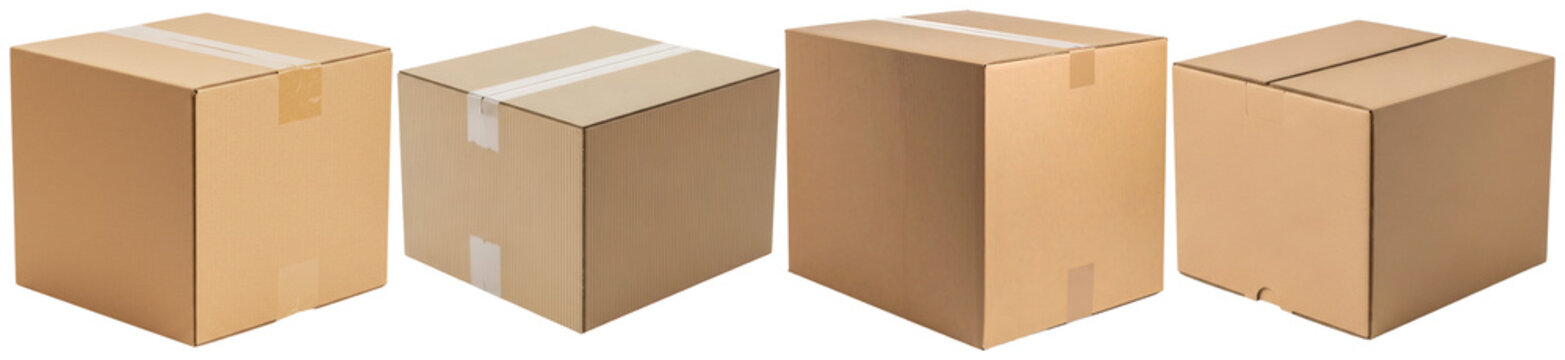 Collection of four brown cardboard shipping boxes, sealed with tape, in various angles on a transparent background.
