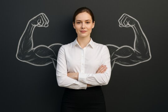 Confident businesswoman standing with arms crossed in front of chalkboard with drawn muscular arms symbolizing empowerment and inner strength concept. Ai generative