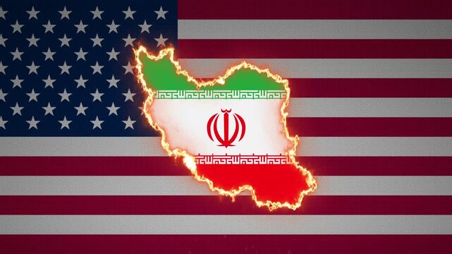Glowing map of Iran ablaze over American flag conflict motion footage