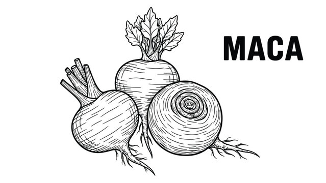 Maca root plant illustration for healthy food and dietary supplements in sketch style, natural organic ingredient for wellness and nutrition, healthy lifestyle