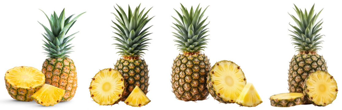 Vibrant fresh whole and sliced pineapples isolated on a transparent background.