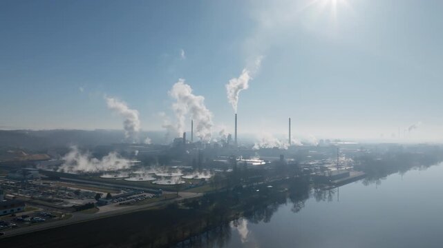 Wide aerial view of the &Scaron;tět&iacute; paper mill with multiple stacks emitting steam, industrial infrastructure, and the river corridor visible through soft atmospheric haze.
