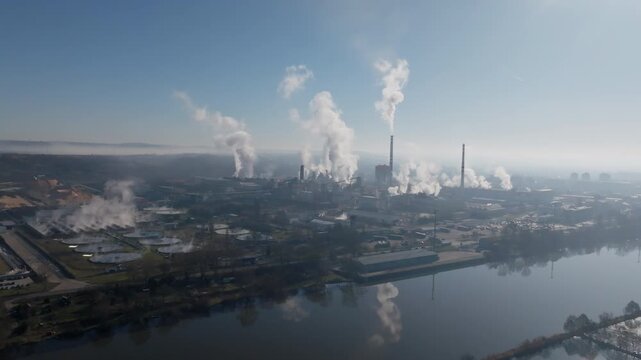 Wide drone panorama of riverside industry in &Scaron;tět&iacute;, capturing smokestacks, factory roofs, treatment basins, and the river corridor under hazy sunshine.