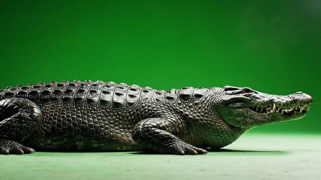 Crocodile positioned on a flat professional studio floor with a bright chroma green screen background