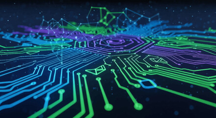 Obraz premium Abstract digital circuit board with glowing lines and nodes.
