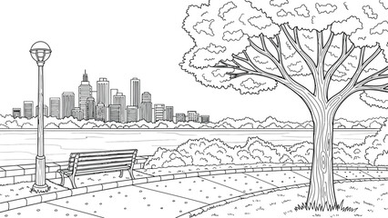 Fototapeta premium Riverside city park panorama with empty bench under a large leafy tree and distant urban skyline on horizon black and white outline