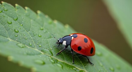 Obraz premium Macro shot of a bright red ladybug with black spots resting on a vibrant green leaf covered in tiny water droplets
