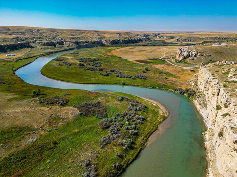 Aerial view of Milk River and hoodoos in Writing-on-Stone Provincial Park