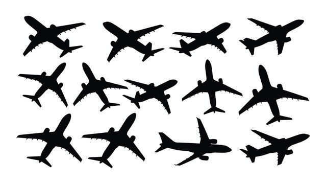 A formation of airplanes flying in the sky, a collection of aircraft silhouettes in various flight positions and angles, showcasing aviation and flight