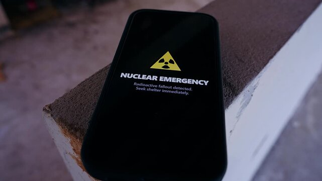 Smartphone Lying on Concrete Surface Showing Nuclear Emergency Alert With Radiation Warning Symbol Inside Ruined Building During Dangerous Crisis Situation