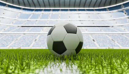 Soccer ball on grass field in stadium with copy space