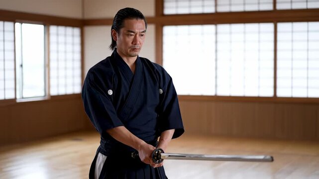 Japanese Swordsman Practicing Kenjutsu in Traditional Dojo Setting.