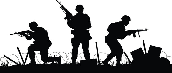 Obraz premium Silhouette of armed soldiers advancing with rifles in combat formation behind barbed wire isolated on white background for military warfare concepts