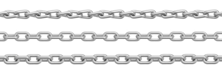 Fototapeta premium Silver chain links, seamless metal pattern with realistic steel texture, vector set isolated on white background. Jewelry design, necklace illustrations, iron border elements, frame collection
