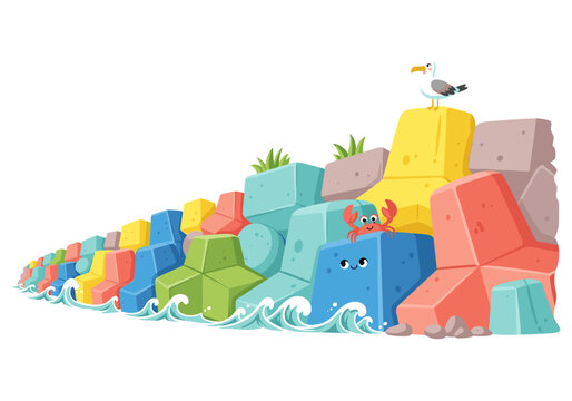 Cute cartoon tetrapods and dolosse breakwater with crab and seagull on white background