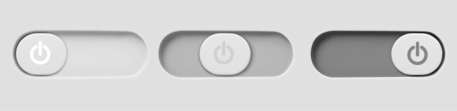 3D toggle switch with realistic shadow and neumorphic design. Grey slider button with start icon for UI interface, apps and web controls with smooth switching action.