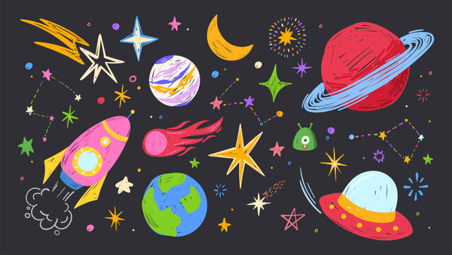 Crayon hand drawn space doodles with planets, alien and rocket, cartoon vector set isolated on black. Childlike cosmic sketches of Earth, moon, and colorful galaxy elements for kids universe designs