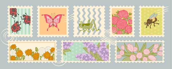 Set of postage stamps with floral spring motifs. Vector cartoon illustration of cute botanical cards, vintage postal frames with tulips, lilac, peony, butterfly, ladybug and grasshopper, mail stickers © klyaksun