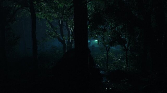 Highly realistic 3D animated reveal shot of an eerie spinning UAP hovering in dark woods at night, with sinister grey aliens standing watching in the mist and smoke