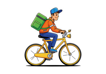 Fototapeta premium Smiling delivery man riding a yellow bicycle with a green backpack on white background