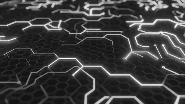 Abstract glowing circuit board pattern with hexagonal texture