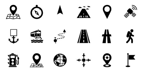 A collection of various navigation and transportation icons on a white background. © Dhani