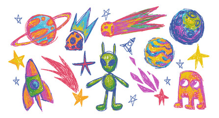 Set of childish crayon space objects and aliens isolated on white background. Vector cartoon illustration of funny chalk Earth, doodle stars, alien creatures and spacecraft, comets with burning tails © klyaksun