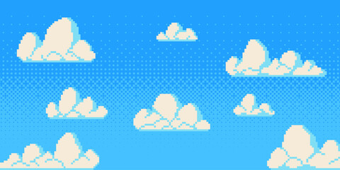 Fototapeta premium Pixel art sky with fluffy clouds on blue background. Vector illustration of seamless retro pattern for arcade game aesthetic, 8-bit gaming scene, vintage digital design, nostalgic pixelated cloudscape