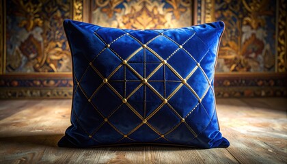Fototapeta premium Luxurious Deep Sapphire Blue Velvet Cushion with Intricate Golden Thread Embroidery and Diamond Pattern