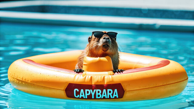 Capybara with sunglasses on yellow pool ring concept. A capybara lounging in a pool on a bright summer day.