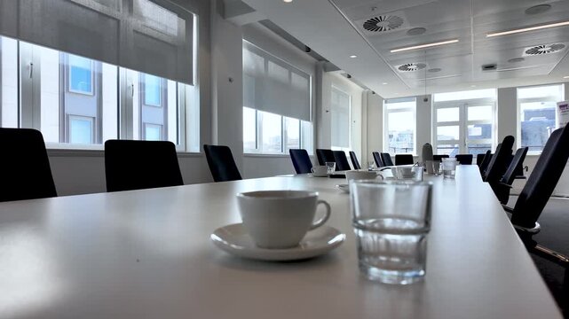Corporate Downsizing And Layoffs Empty Boardroom With Table Cups And Glasses After Meeting