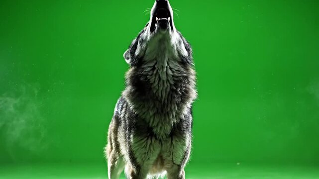 Grey wolf standing on a flat professional studio floor with a bright chroma green screen background