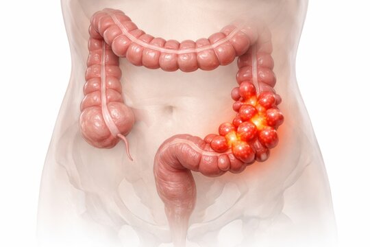Anatomical visualization of sigmoid diverticulitis inflamed pouches with subtle diagnostic highlight inside ghostly human lower abdominal outline representing digestive pathology render