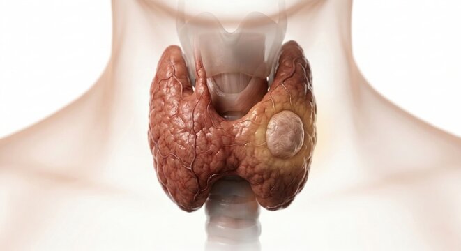 Anatomical visualization displaying localized thyroid gland abnormality with subtle diagnostic highlight inside ghostly human neck outline representing endocrine disorder clinical medical science