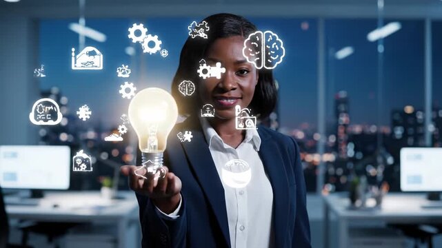 Woman holding lightbulb with digital icons representing innovation and ideas.