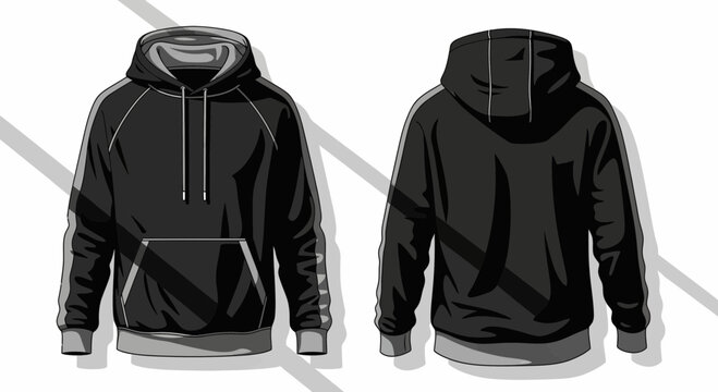 Black hoodie, front and back view, realistic illustration, sportswear