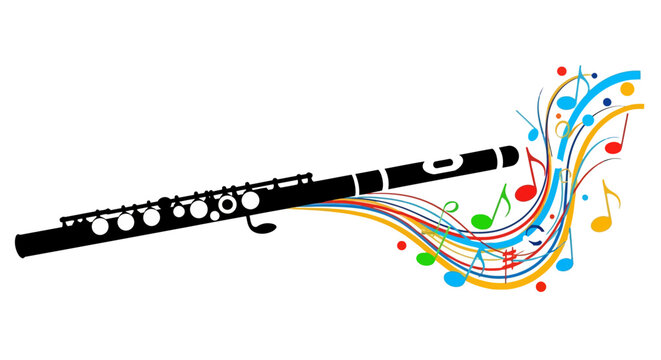 Black Flute Instrument With Colorful Notes.