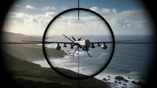 Military Drone Surveillance Over Coastal Landscape Security Concept