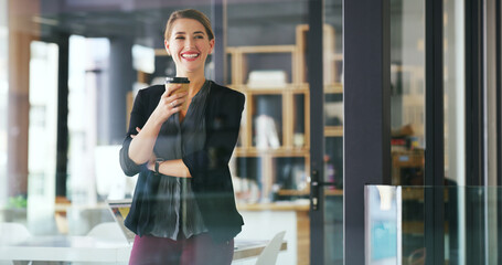 Thinking, coffee and happy woman in creative agency, campaign reflection and idea for improvement....