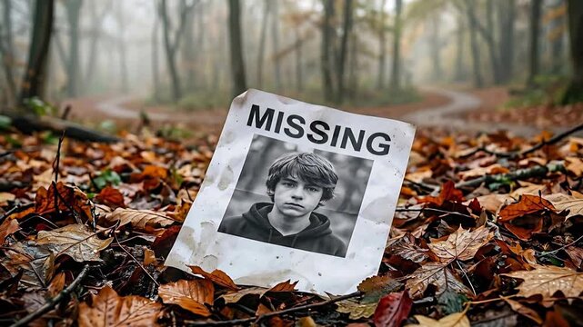 Lost Child Missing Poster in Autumn Forest with Foggy Background and Curved Path