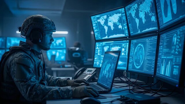 Military Analyst Monitoring Cyber Security And Global Intelligence Data Center